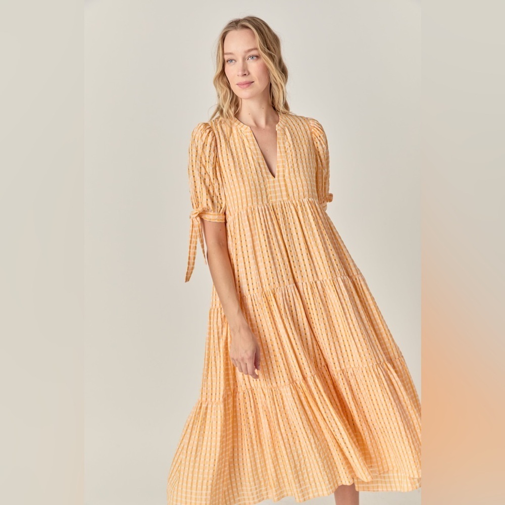 English factory Gingham Tiered Midi Dress Bow Tie Sleeves Orange XS pockets pink